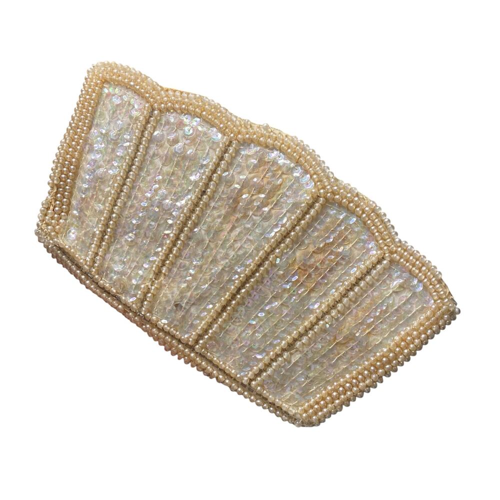 Vintage 1950s Handmade Beaded Cream Sequin and Faux Pearls Coin Purse - Picture 16 of 16
